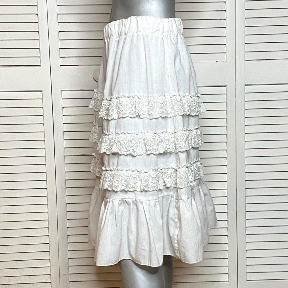 2000s JACKIE ROSE White Tiered Lace Trim Cotton Mid-Length Skirt France T2 S - Picture 6 of 8